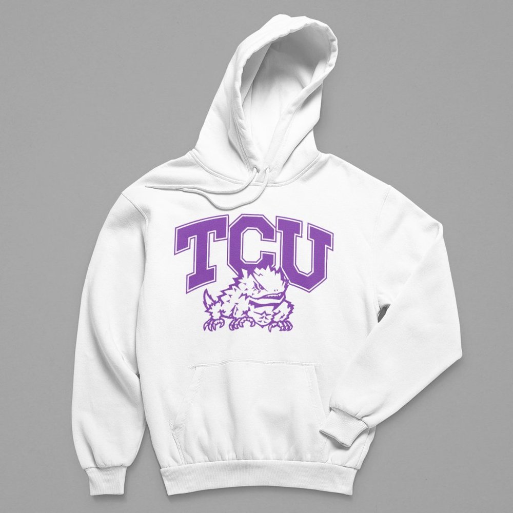 NEW TCU Horned Frogs Initials Mascot Big Logo Fleece Pullover Hoodie WHITE